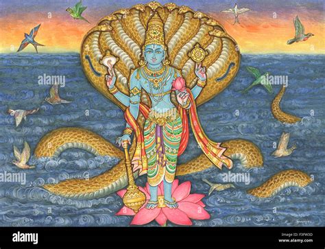 painting of hindu god vishnu standing on lotus flower and protected by hydra headed snake in ...