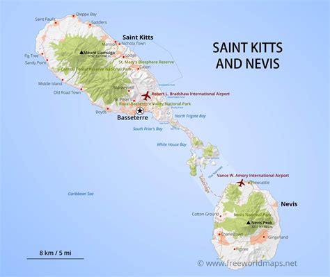 Saint Kitts and Nevis Map, Geographical features of Saint Kitts and Nevis of the Caribbean ...