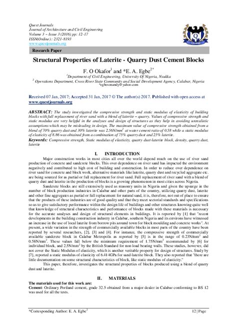 (PDF) Structural Properties of Laterite -Quarry Dust Cement Blocks | QUEST JOURNALS - Academia.edu