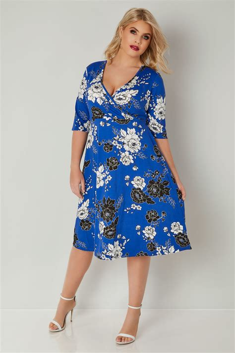 YOURS LONDON Cobalt Blue Floral Wrap Dress, Plus size 16 to 36