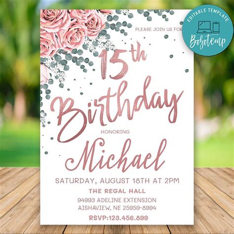 Editable Rose Gold 15th Birthday Invitation Instant Download | Bobotemp