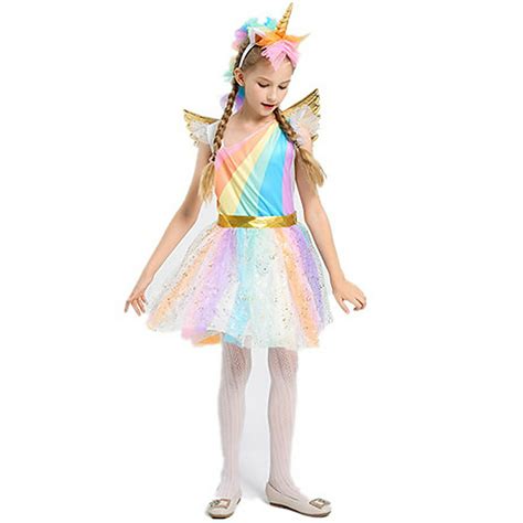 Girls Unicorn Costume Rainbow Dress with Wing Headband for Halloween Party - Walmart.com ...