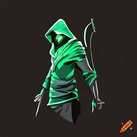 Green hooded archer, gaming logo, line art in black background on Craiyon