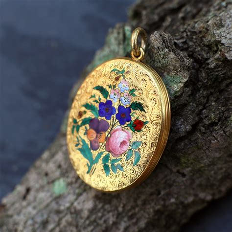 1871 Victorian Gold Locket Enameled Flowers — Heart of Hearts Jewels