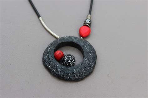 Abstract Black Pendant, Polymer Clay Jewelry, Modern Black Pendant ...