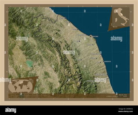 Marche, region of Italy. Low resolution satellite map. Locations and ...