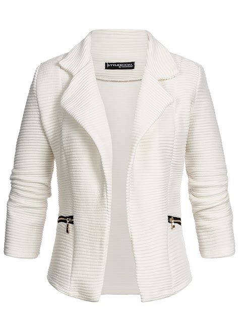 Styleboom Fashion Damen Ripp Blazer 2 Deko Zip Taschen weiss - 77onlineshop