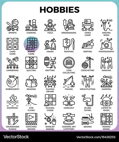 Hobbies and interest detailed line icons Vector Image