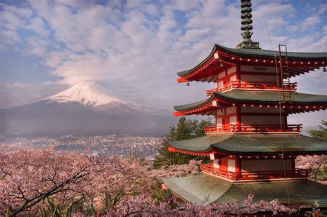 和風 - A red temple, cherry blossom and Mount Fuji covered in snow, what else could sum up Japan ...