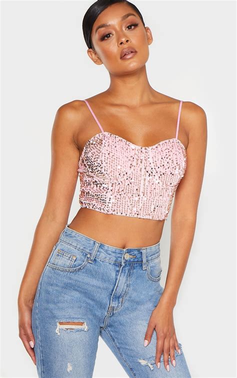 Light Pink Velvet Sequin Crop Top | Tops | PrettyLittleThing AUS