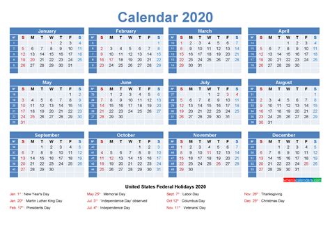 Free Printable Yearly 2020 Calendar With Holidays As Word, PDF