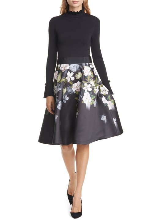 Ted Baker London Nerida Opal Mixed Media Long Sleeve Fit & Flare Dress | Nordstrom