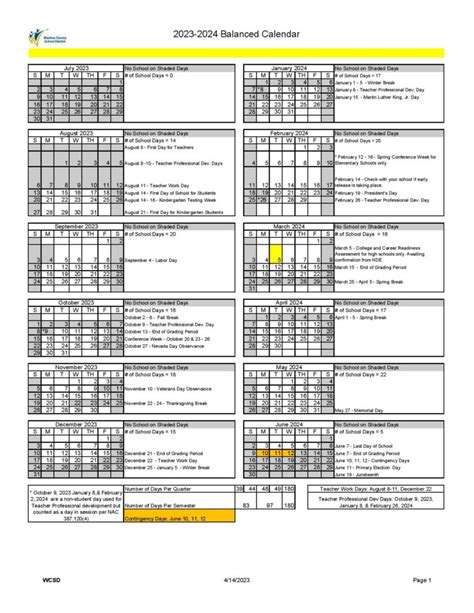 Washoe County School District Calendar 2024-2025 in PDF