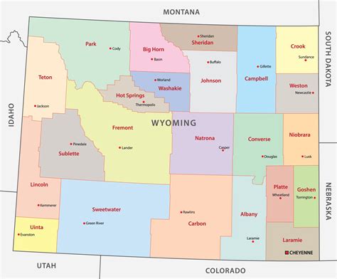 Wyoming counties map showing counties, main cities, and neighboring ...