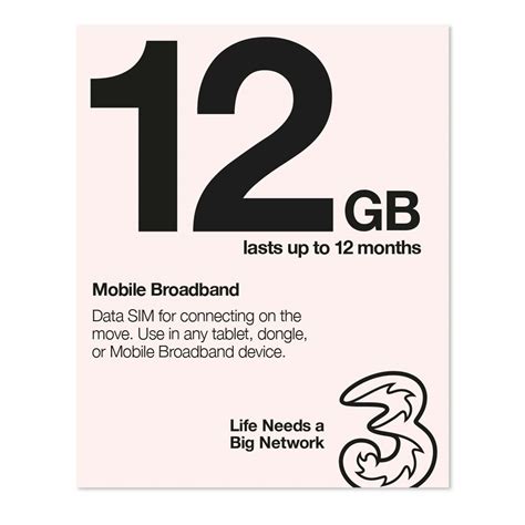 Three Three 3G 4G & 5G-Ready 12GB Prepaid Mobile Broadband Trio SIM Card