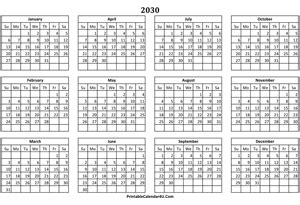 Printable Yearly Calendar 2030