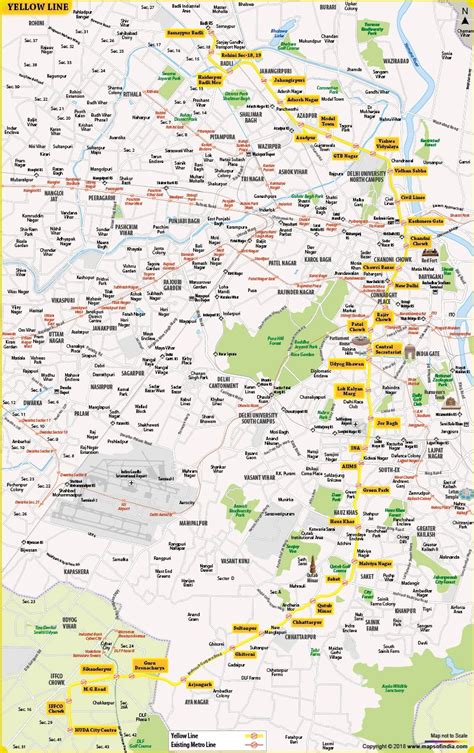 Delhi Metro Yellow Line Route Map: Map showing the metro stations lying on the yellow line ...