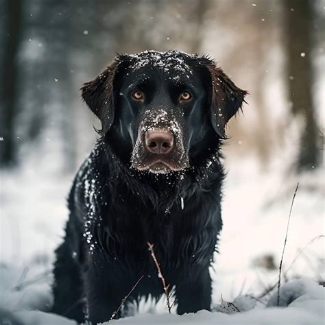 Premium AI Image | Portrait of a black labrador retriever dog in the snow