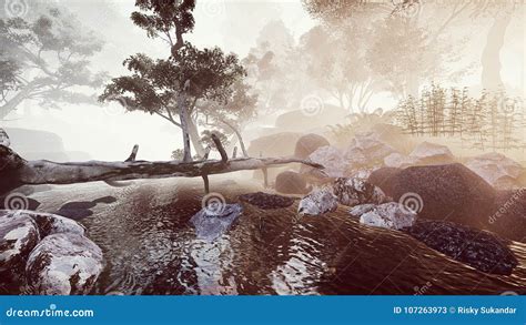 Misty Foggy River in the Forest Stock Illustration - Illustration of ...