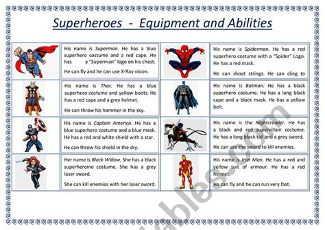 SUPERHEROES - EQUIPMENT AND ABILITIES - ESL worksheet by carole77