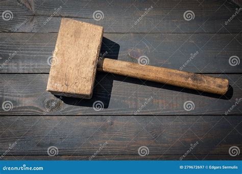 Old Wooden Carpenter S Hammer on Dark Wood Texture Background Stock ...