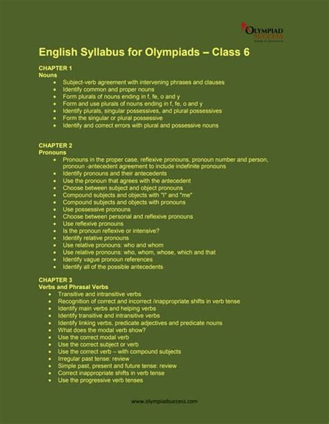 English Syllabus for Olympiads - Class 6 | PDF