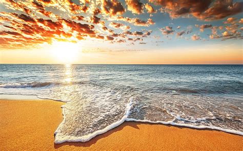 Ocean, summer, beach, waves, sea, sunset, bright sun with resolution 3840x2400. High Quality ...