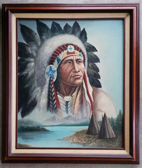 R STANFORD ORIGINAL Oil Painting Native American Indian Chief Headdress Portrait $200.00 - PicClick