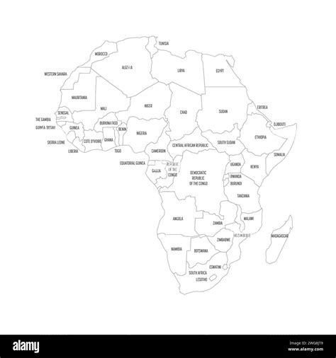 Political map of Africa. Thin black outline map with country name labels on white background ...