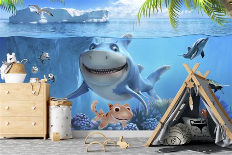 3D Shark Cartoon Underwater Ocean Wallpaper Sea Life Fierce - Etsy