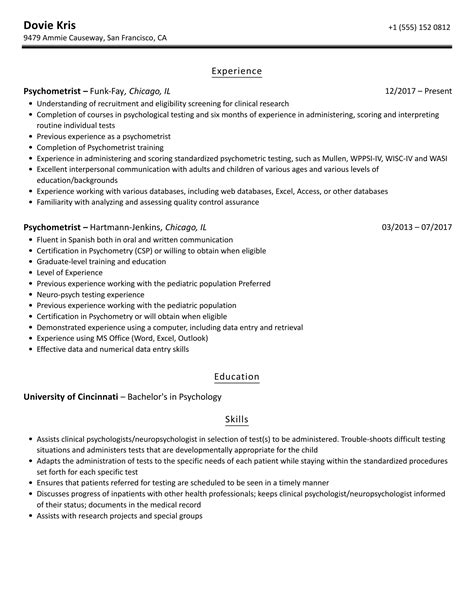 Psychometrist Resume Samples | Velvet Jobs