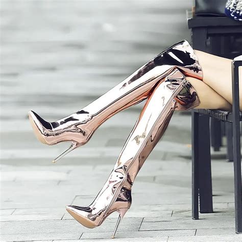 Women Shiny Leather Over the Knee Boots Sexy Thin High Heel Boots Pointed Toe Zipper Winter ...