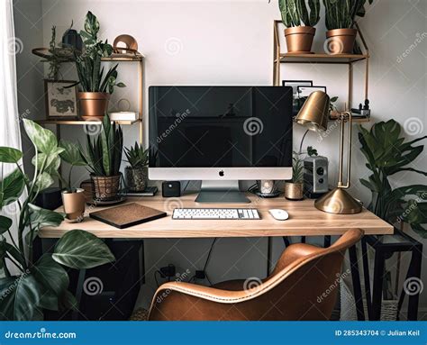 Minimal Office with Computer Plants Stock Illustration - Illustration of plants, office: 285343704