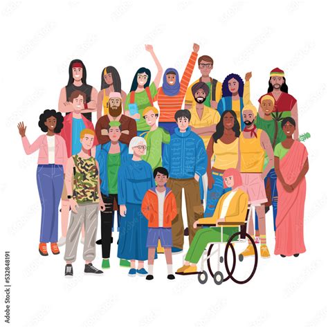 Illustration of group of multiethnic diverse people standing. Stock ...