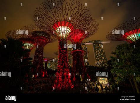 Singapore City, SINGAPORE - FEBRUARY 10, 2017 : Singapore Night Skyline at Gardens by the Bay ...