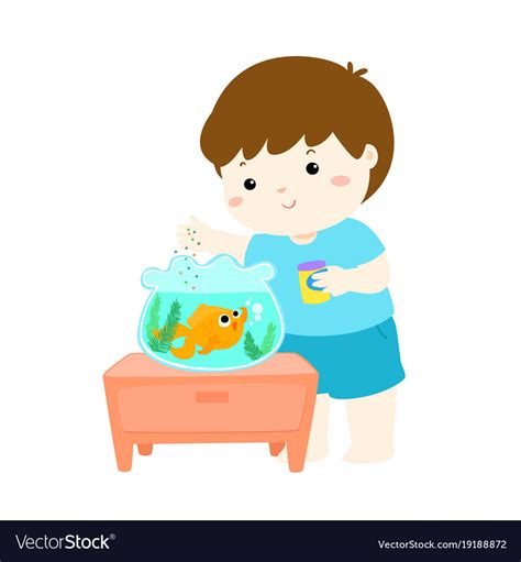 Cute little boy feeding fish in aquarium cartoon Vector Image