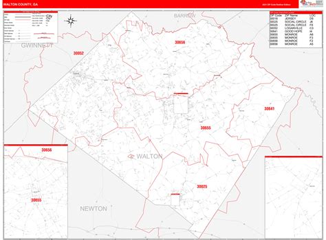 Walton County, GA Zip Code Wall Map Red Line Style by MarketMAPS