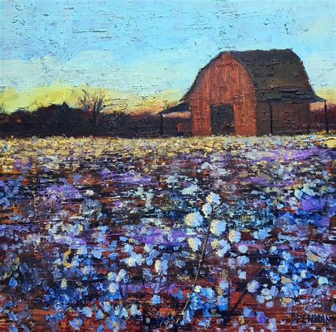 Barn, Cottonfield at Sunset - Oil, in Landscapes/Places