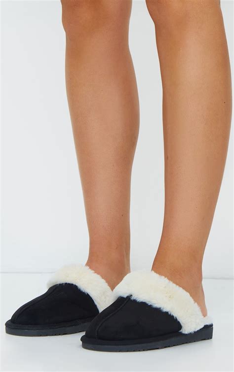 Black Faux Sheepskin Mule Slippers | PrettyLittleThing