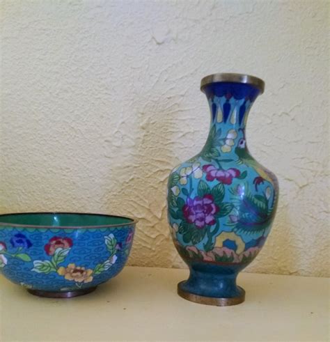 Cloisonne Enameled Brass Peacock Vase and Flower Bowl | Etsy