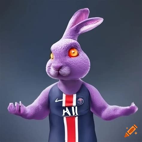 Purple rabbit eating spaghetti in psg jersey on Craiyon