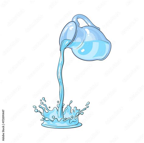 vector water carafe, pitcher with flowing water splash. Isolated ...