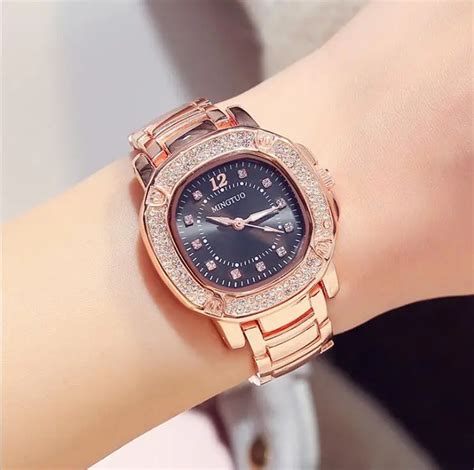 Luxury Women Rose gold Watch Brands Crystal Sliver Dial Fashion Design ...