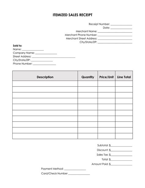 Printable Itemized Receipt Template