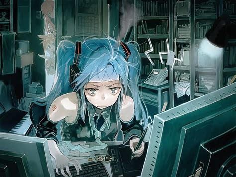 HD wallpaper: Anime Girls, Bangs, blue eyes, Blue Hair, books, computer, Detached Sleeves ...