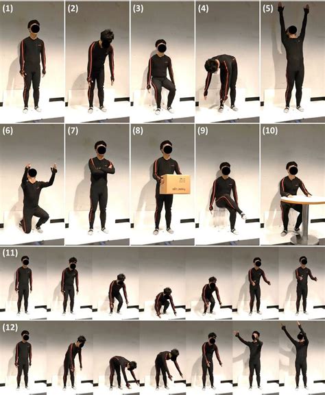 Twelve tested tasks: (1) upright standing, (2) trunk flexion 30°, (3)... | Download Scientific ...