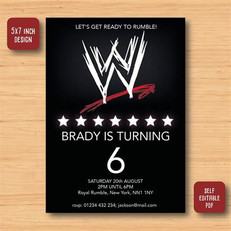 wwe wrestling birthday invitation SELF EDITABLE PDF 5 x 7