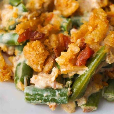 Cream Cheese and Bacon Green Bean Casserole is an easy side dish recipe perfect for Thanksgi ...