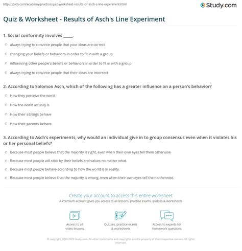 Quiz & Worksheet - Results of Asch's Line Experiment | Study.com