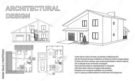 Vecteur Stock Perspective 3D, floor plan and cross section suburban house. Drawing of the modern ...